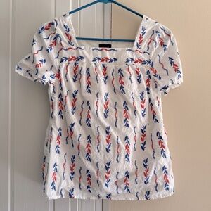 Talbots‎ White and Red Puff Sleeve Smocked Blouse Square Neck Line 100% Cotton P